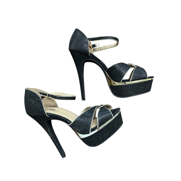 Wild Rose Platform Stiletto Black & Gold Woman's‎ Heels Sz 9 - Picture 1 of 10